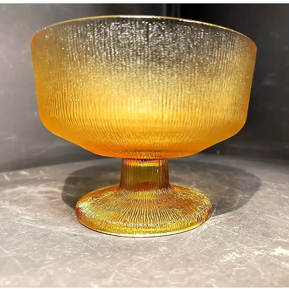 2044.  Vintage MCM Amber Glass Pedestal Compote Tree Bark Texture
